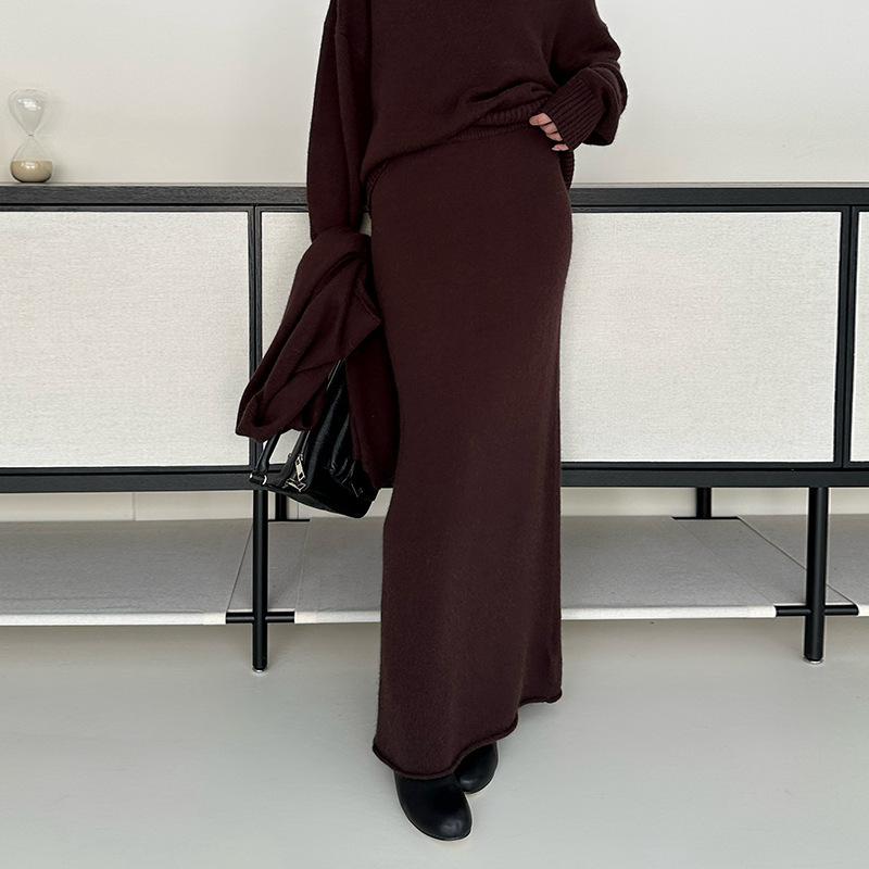 Elssissi Korean Style Relaxed Knitted Slim Skirt Autumn and Winter Women's 2025 Autum New Brown A-Line Long Skirt