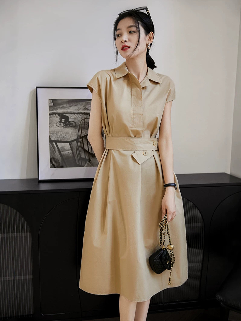 Đầm suông midi cổ polo tay ngắn phong cách Pháp — đen