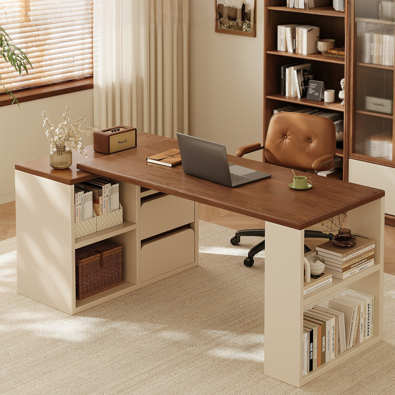 Medieval-Style Office Desk, Bedroom Corner Computer Desk, Workbench, Home-Use Solid Wood Corner Desk, Bookshelf Integrated Table
