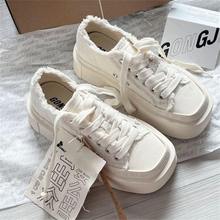 美拉德方头厚底帆布鞋女款2025春季新款港风小白鞋校园百搭休闲鞋