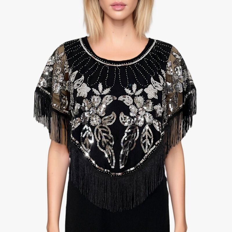 Prom Sequins Tassel Outer Pullover Cape Mesh Ware Dancing Performance Dress Shawl Dress Sequins Women's Overalls