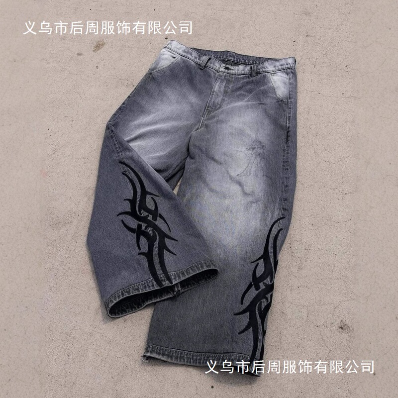 European and American Street Style Cross-Border Amazon 2025 New Washed Pattern Printed Y2K Retro Wide-Leg Straight Jeans