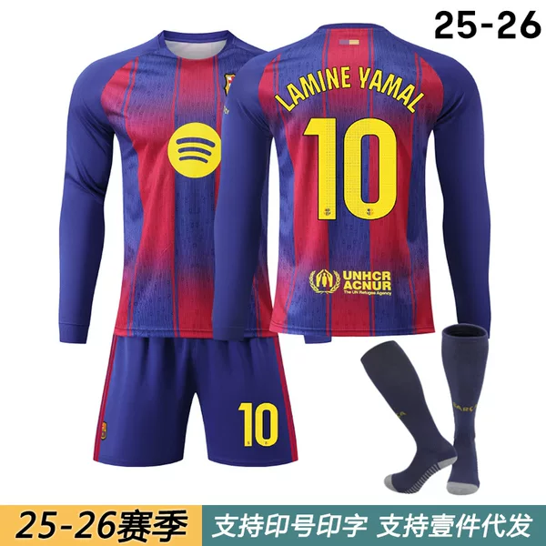 2526 Barcelona Home Long-Sleeved Jersey 10 Yamal 9 Lewandowski 8 Pedri 14 Rashford Suit Football Uniform