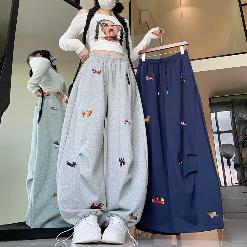 2025韩版美式腊肠狗刺绣弯刀卫裤女宽松慵懒风垂坠感阔腿休闲裤子|undefined