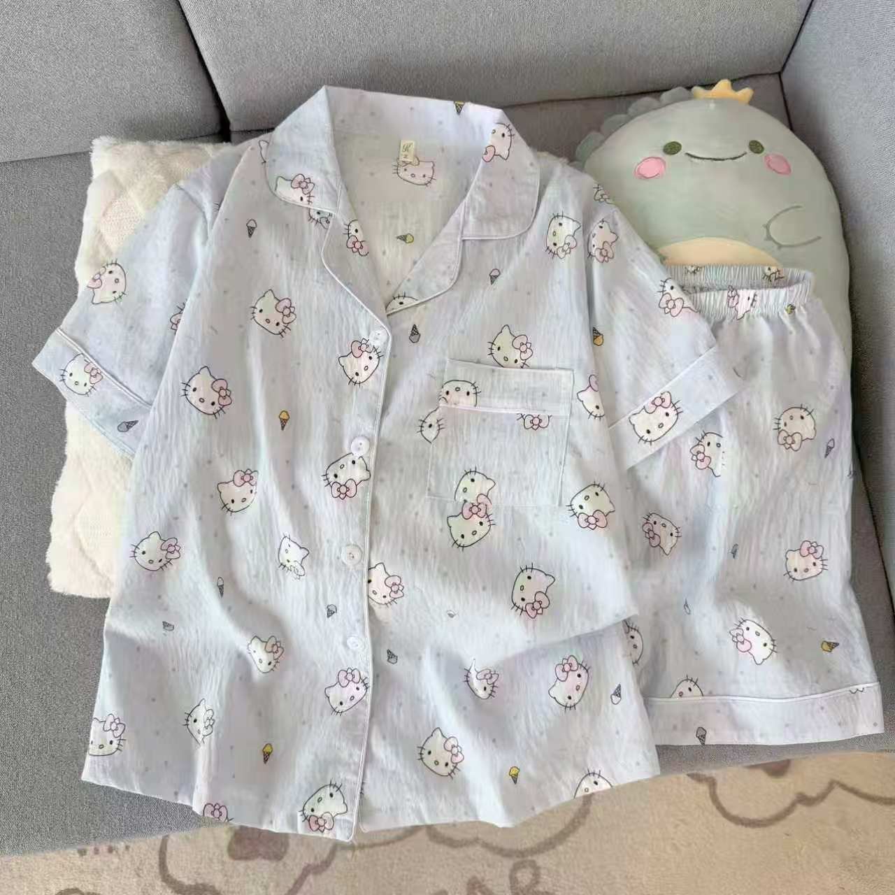 Pijamas de niñas verano nuevo cachorro nubes de algodón doble solapa corta mangas cortas pantalones cortos ropa casera de dos piezas set