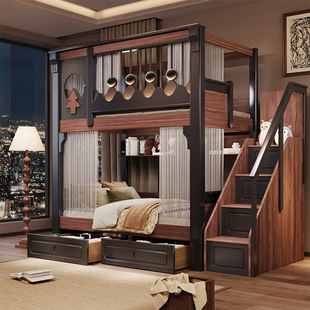French Retro Style Children's Bunk Bed, All Solid Wood Luxury Castle Bed, Villa Mid-Century Style High and Low Bed