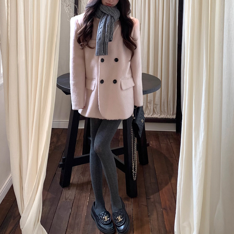温柔系韩剧女主 粉色羊毛呢西装外套女秋冬厚短款呢子大衣小个子