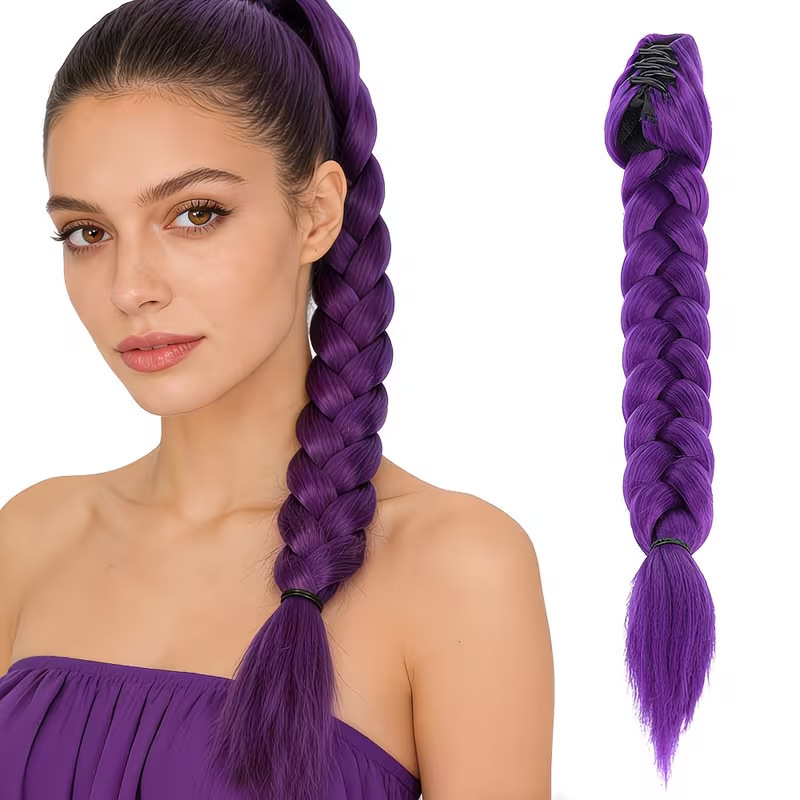 Purple Synthetic Hair Ponytail Braid for Women, Clip-On Style, Suitable for Daily Wear