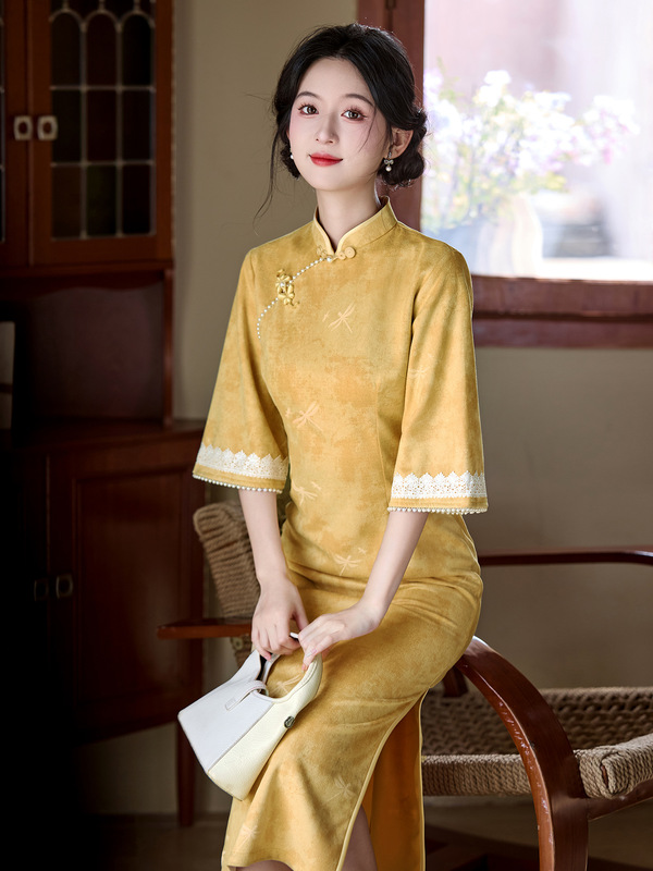黄色旗袍2025新款秋冬季改良年轻款女新中式连衣裙气质复古倒大袖|undefined