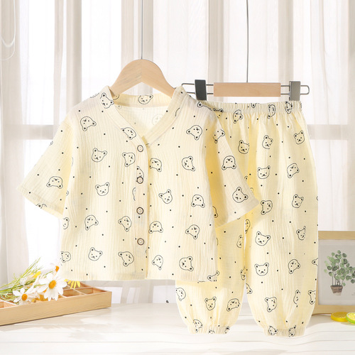 Children's thin pajamas set baby pure cotton Korean style home clothes for boys and girls breathable gauze cardigan air-conditioned clothes