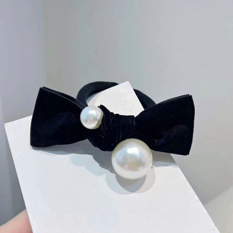Elastico per capelli in velluto con perle grandi fiocco nero_voghion.com