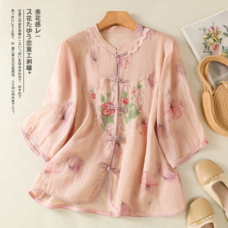 Летние женские рубашки в стиле ретро, китайский стиль, улучшенная художественная печать, свободный крой, 2025 г.