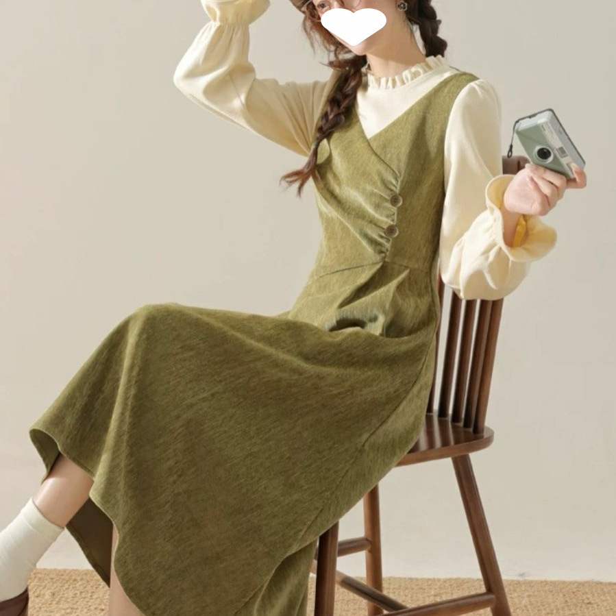 法式复古绿色长袖连衣裙秋季绝美掐腰假设计感两件拼接显瘦长裙女