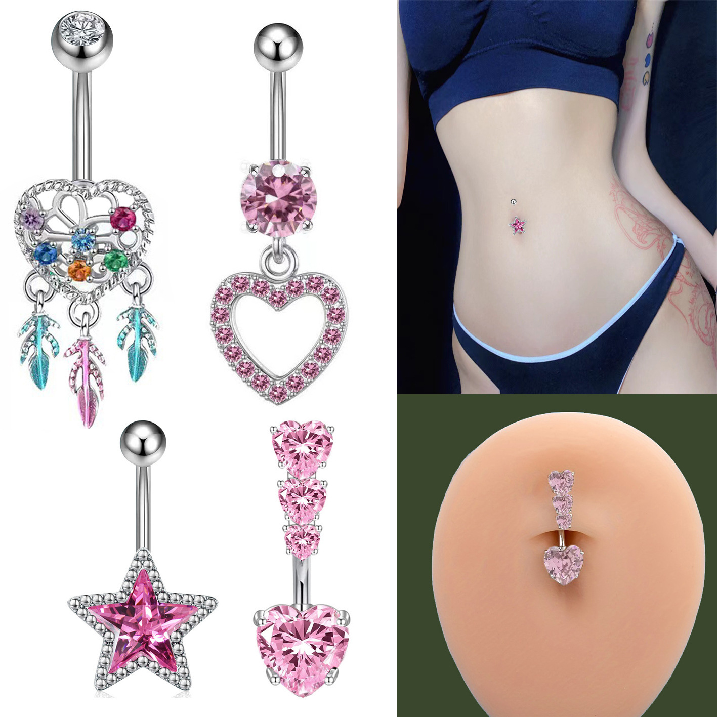 Heart-shaped Zirconia Feather Belly Button Ring For Women_voghion.com