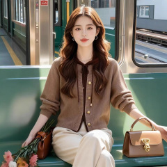 2025秋新款韩版休闲连帽针织开衫女士毛衣显瘦外套拉链假两件上衣