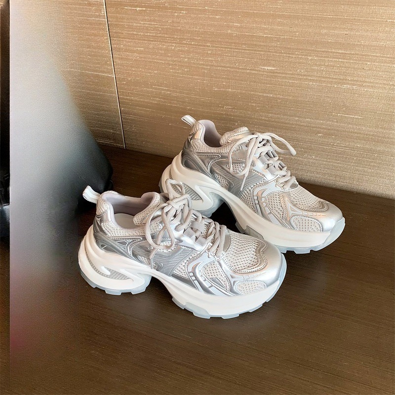 【Sheiil】Paris Vintage~ Silver-White Leather Platform Sneakers for Women, Dad Shoes 【Sheiil】Paris Vintage~ Silver-White Leather Platform Sneakers for Women, Dad Shoes