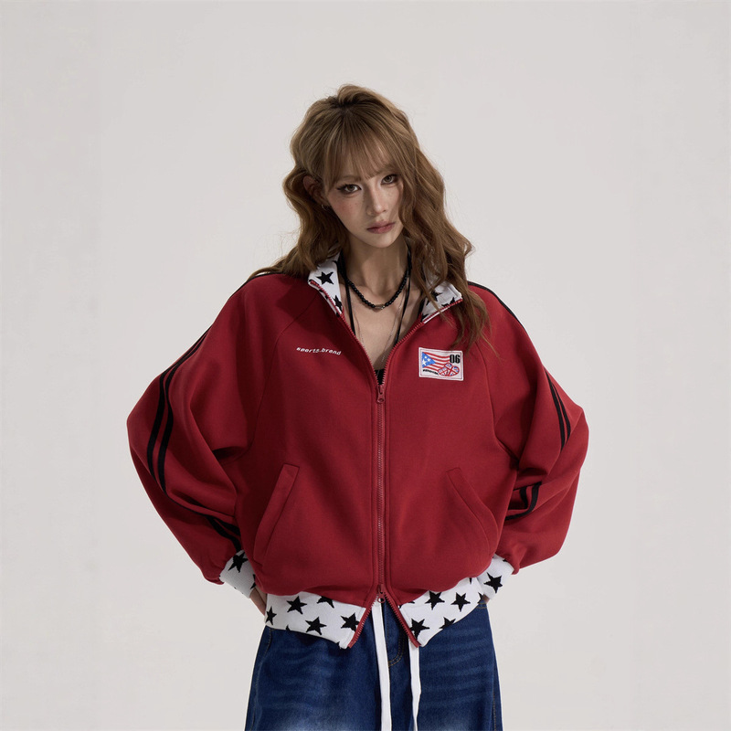 American Retro Stand Collar Jacket for Women, Autumn and Winter Loose Slim Versatile Hip-Hop Fake Two-Piece Baseball Short Jacket
