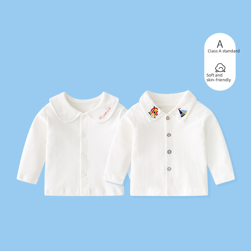 Cotton Knit Men's Children's Shirt A-Grade Baby Shirt Spring and Autumn Children's Shirt Girl's Children's Shirt Plain Color Children's Base Shirt