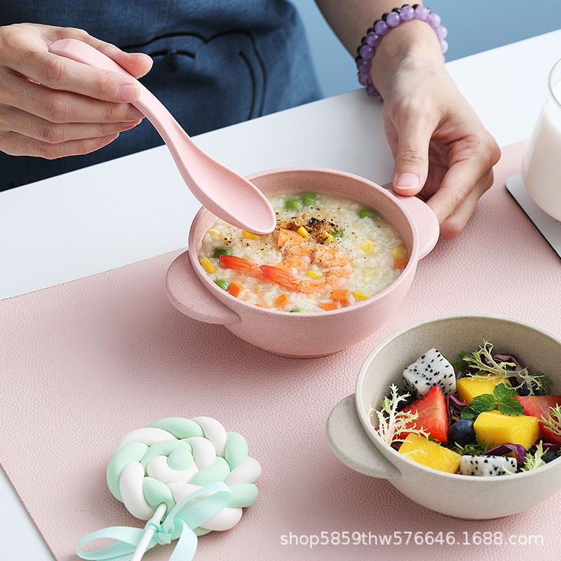 网红双耳柄碗勺餐具套装儿童小麦秸秆家用防烫防摔辅食碗宝宝吃饭