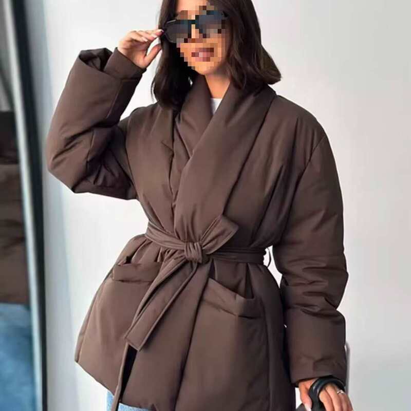 Solid Color Fashion Casual Cross-Border Women's Clothing Aliexpress Lace-Up Loose Warm Cotton Jacket Popular European and American Style Coffee Color Cotton-Polyester