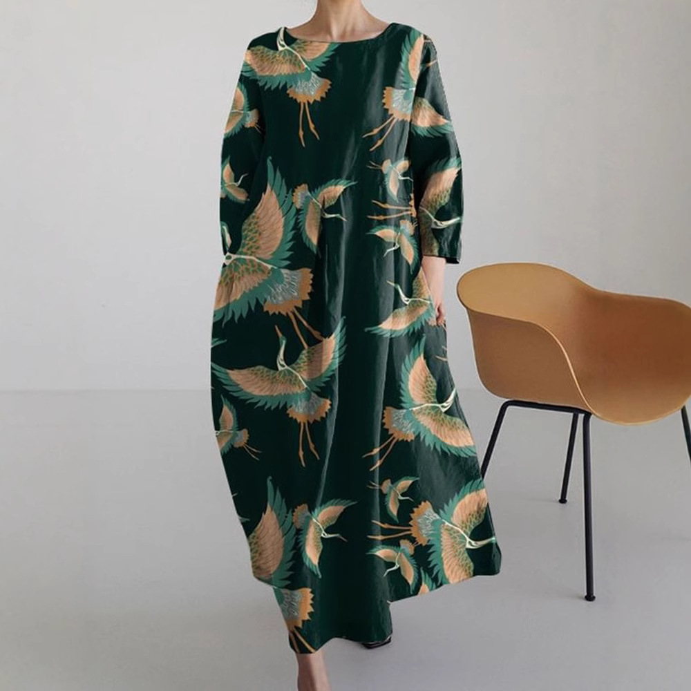 Elegant Retro Printing Crafts Long Sleeve Dress Ladies