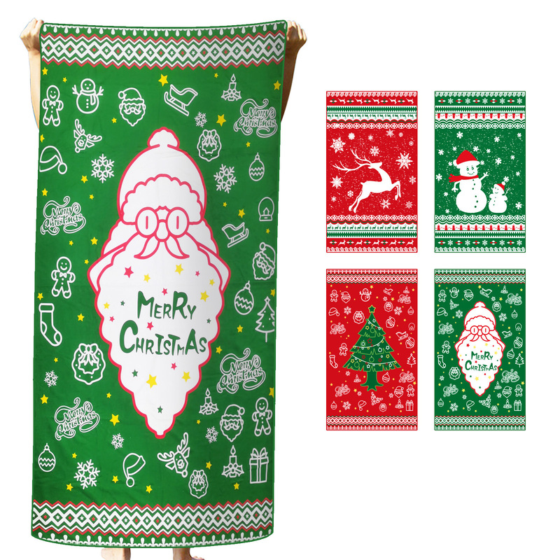 Cross-Border Export Microfiber Double Terry Cloth Beach Towel Christmas Printed Beach Towel Swimming Sun Protection Shawl