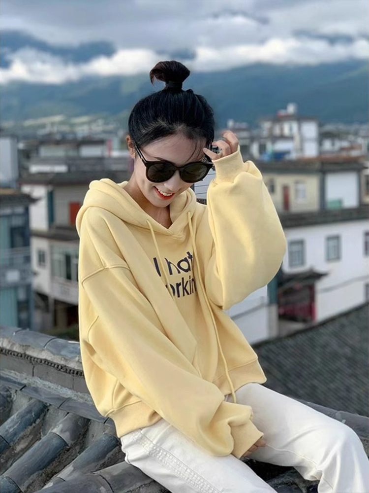 Fleece-lined Thickened Yellow Hooded Short Sweatshirt Women's 2024 Spring and Autumn New Explosions European Goods Small Long Sleeve Top