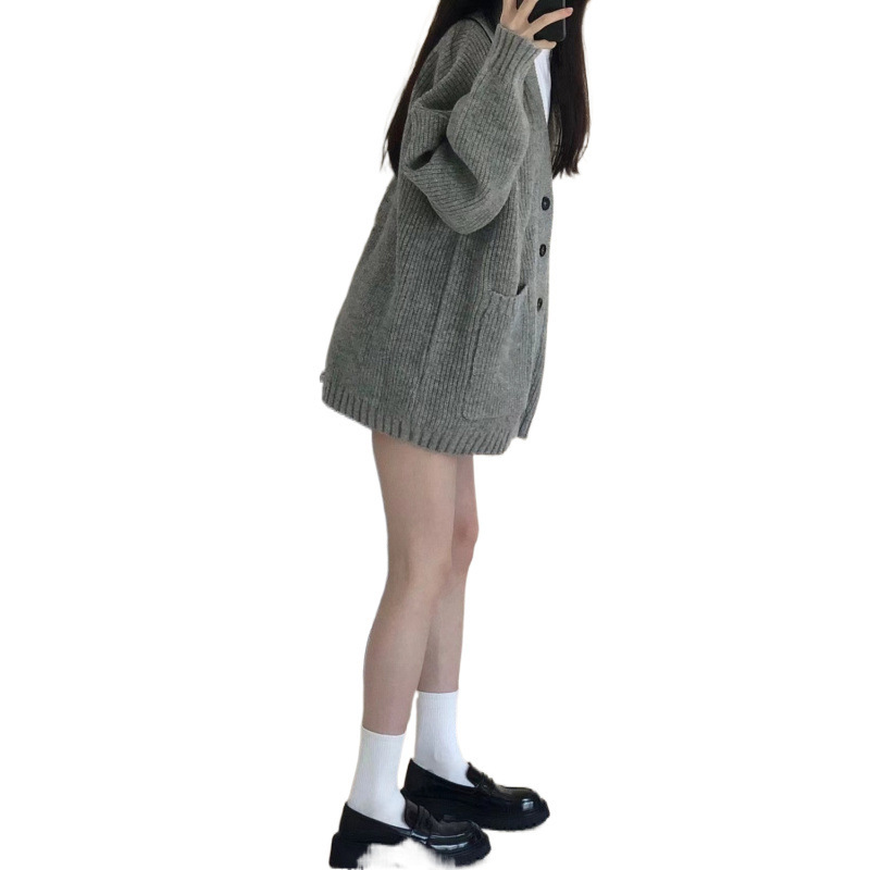 灰色中长款毛衣外套女春秋外搭外穿慵懒复古奶系穿搭秋冬针织开衫|undefined