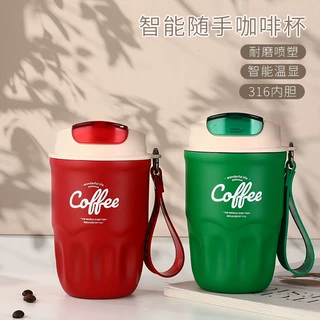 定制316不锈钢智能温显咖啡杯双层真空保温杯户外便携提绳随手杯