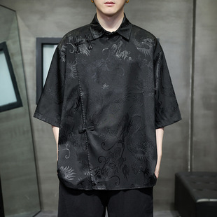 New Chinese Buckle Tang Suit Hanfu Men's Chinese Style Summer Thin Ice Silk Short Sleeve Shirt Retro plus size Shirt Trendy