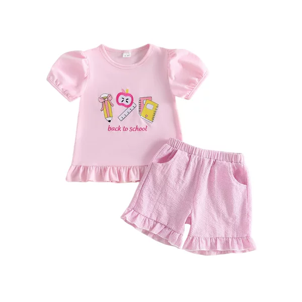2026 Summer Girls' Outfit Wholesale Ins Style Back-To-School Season Stationery Embroidered T-Shirt and Shorts Set