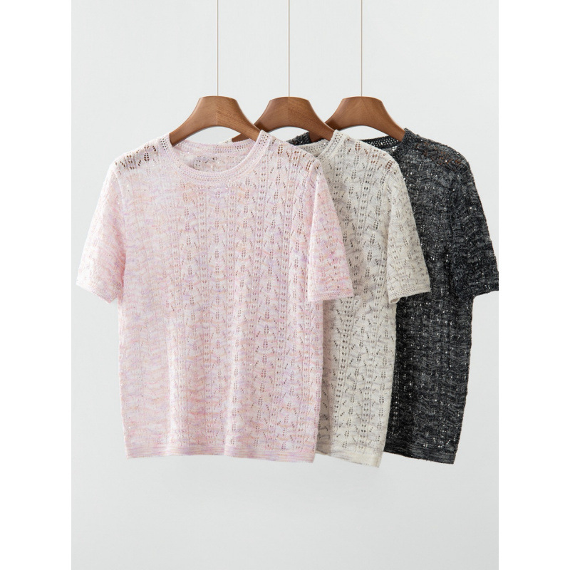Herbalife High-Quality Cotton and Linen Fantasy Floral Yarn Linen T-Shirt Round Neck Hollow Crochet Summer New Style Knitted Short Sleeves