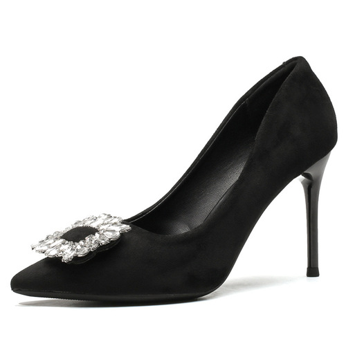 French High Heels Women  Spring and Autumn New Fashion Matchable Pointed Toe Thin Heel Coming of Age Diamond Black Sole Shoes