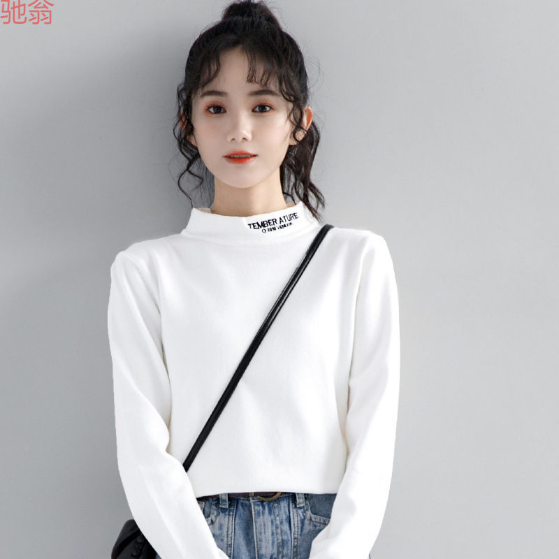 Y9Z2024 Spring New Small Half High Collar Inner Base Shirt Women's Autumn and Winter All-match Cotton Long-sleeved T-shirt White Top