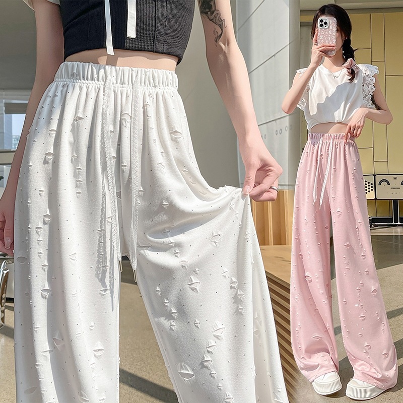 韓国風リップドパンツ、アイスシルクワイドレッグパンツ、レディース夏用薄手ハイウエストフロアレングスパンツ、スイートホットダイヤモンドルーズストレートパンツ|undefined