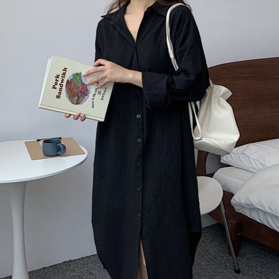 Long Shirt Dress for Petite Women, New Spring/Summer Style, Plus Size, Black, Mid-Length Trench Coat, Loose Fit, Elegant, Height-Enhancing Shirt