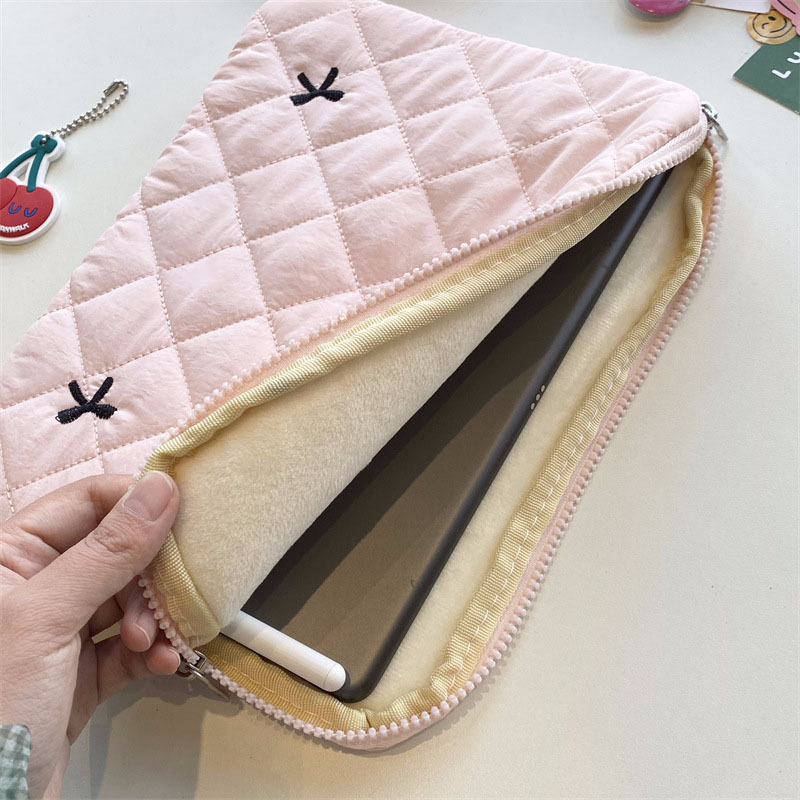 New Korean Ins 12inch Tablet Bag with Cute Embroidered Bow, iPad Clutch Bag, Notebook Storage Bag