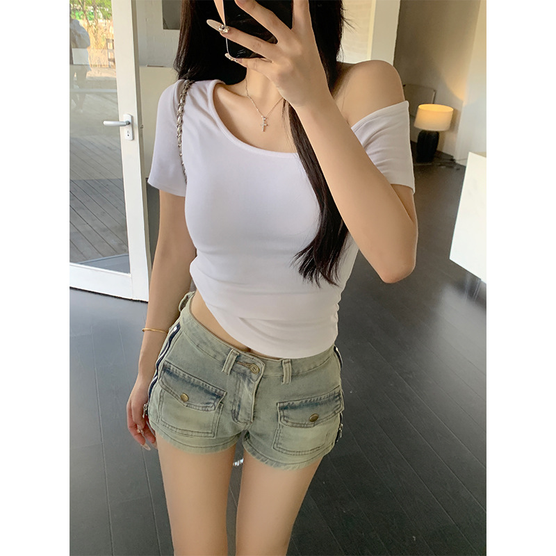 复制_深蓝色辣妹斜肩短袖修身T恤女夏季紧身短款.jpg