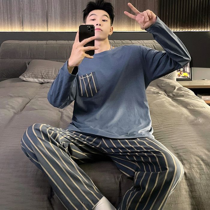 2025 pijama de otoño hombre 6535 algodón cuello redondo hoodie de mangas largas pantalones largos set simple ropa casera cómoda