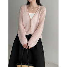 鹿西韩系温柔慵懒风羊毛开衫女26春季V领马海毛针织毛衣外套ss979