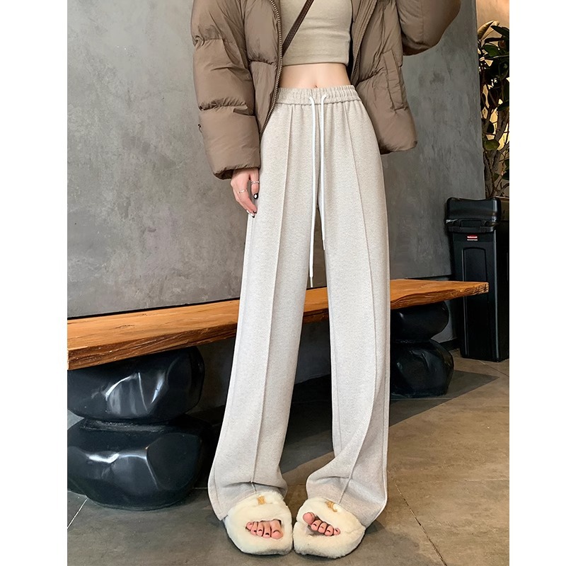 Pantalones de piernas anchas de herringbone para mujeres otoño y invierno 2024 nuevos pantalones de tween de hombre pequeño, pantalones casuales acrílicos estrechos