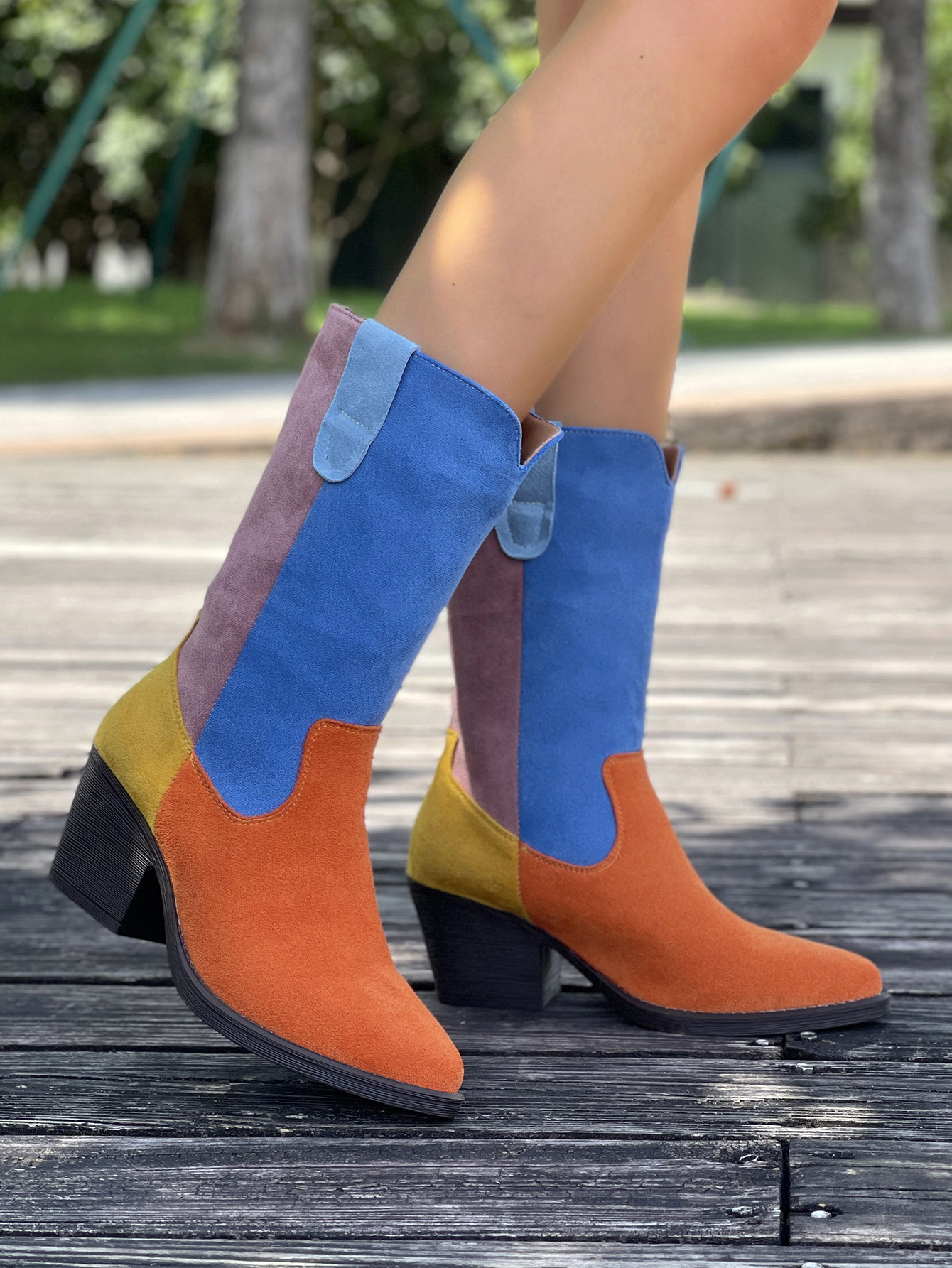 Women's Cowboy Boots Colour Blocked Pointed Toe Mid Heel Western_voghion.com