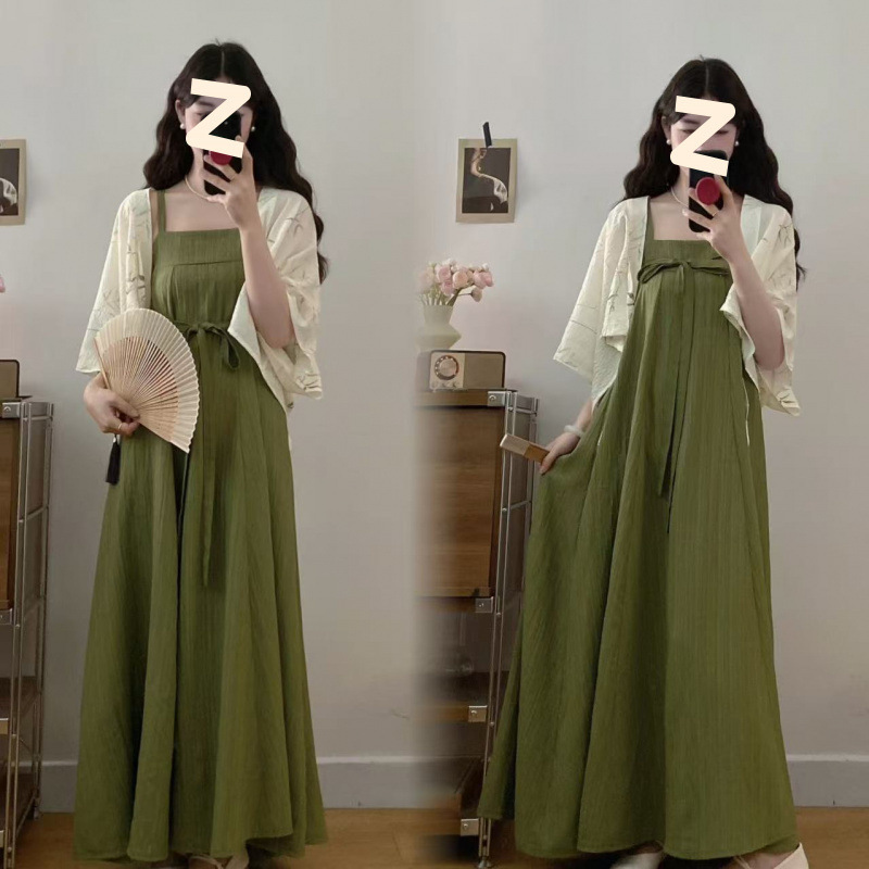 Plus Size Women's Clothing, New Chinese Style Super Fairy Improved Han Dynasty Over-The-Knee Slim Dress, Chinese Style Cardigan Two-Piece Suit