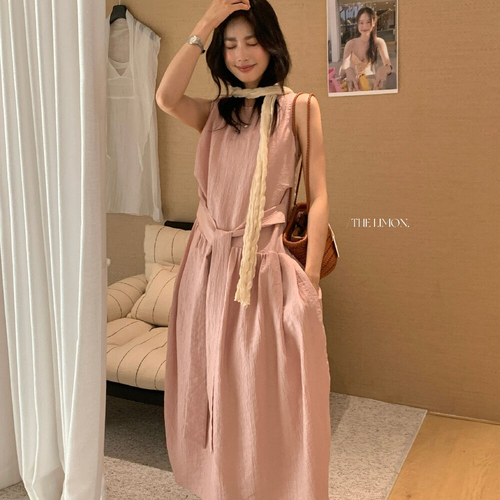 Đầm maxi nữ thắt eo tay không kiểu Hàn Quốc 2026 — màu đen, màu hồng, màu mơ