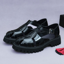 【预售非现货】4.5厚底增高凉皮鞋男亮面牛皮搭扣商务真皮凉鞋男