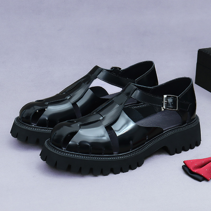 [Big Sale] 4.5 Thick-Soled Heightening Sandals Men's Shiny Cowhide Buckle Business Genuine Leather Sandals for Men