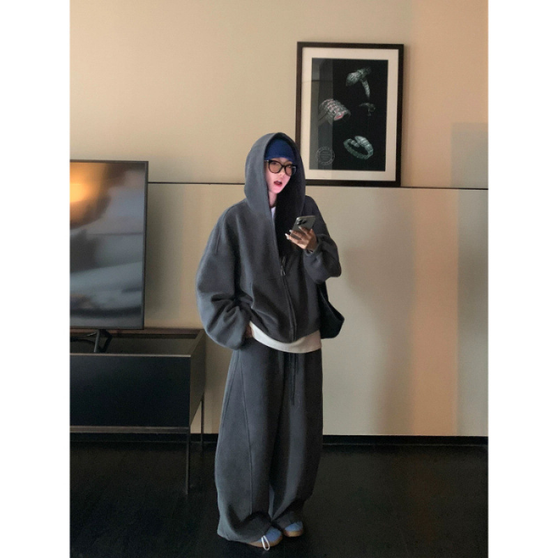 大码时尚连帽卫衣套装女春秋季胖MM宽松显瘦休闲慵懒运动两件套潮|undefined