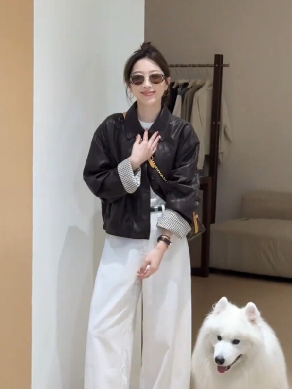 短款翻领格子拼接皮衣外套女2025秋季新款小个子时尚百搭夹克上衣|undefined