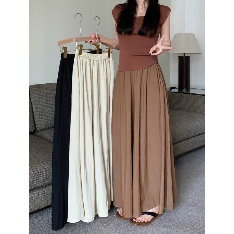 Textured casual trousers for women new retro high waist slim design solid color wide leg skirt pants_voghion.com