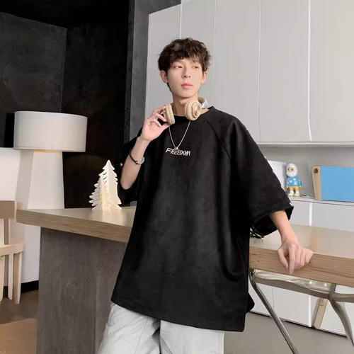 Men's Summer Heavyweight Cool Style Streetwear Design Fashion Niche Loose Casual 5 1/2 Sleeve T-Shirt